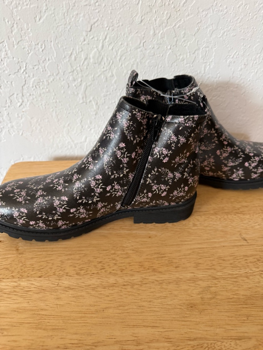 Black Floral Ankle Booties with Pink Accents